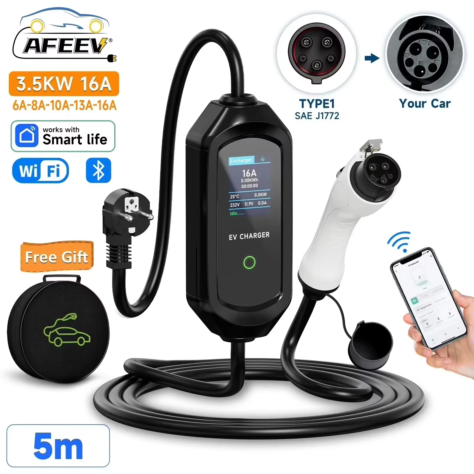 AFEEV Draagbare EV-oplader Type2 IEC62196-2 EVSE Snelle oplaadkabel Type1 SAE J1772 Wallbox WiFi APP Bluetooth Draadloze bediening