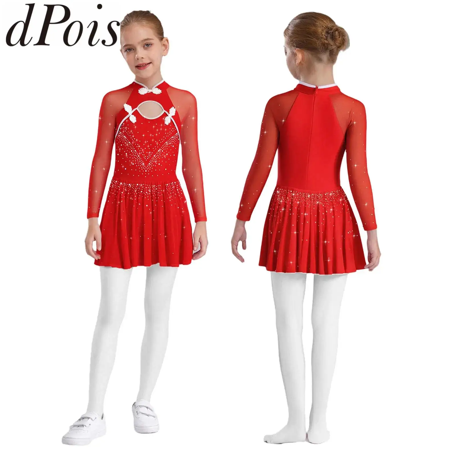 Meisje Lyrische Dans Jurk Maillots Mandarijn Kraag Lange Mouwen Strass Kunstschaatsen Chinese Stijl Gymnastiek Turnpakje Jurk