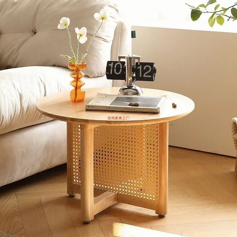 Japanese log rattan coffee table round tea table small apartment living room coffee table natural pine