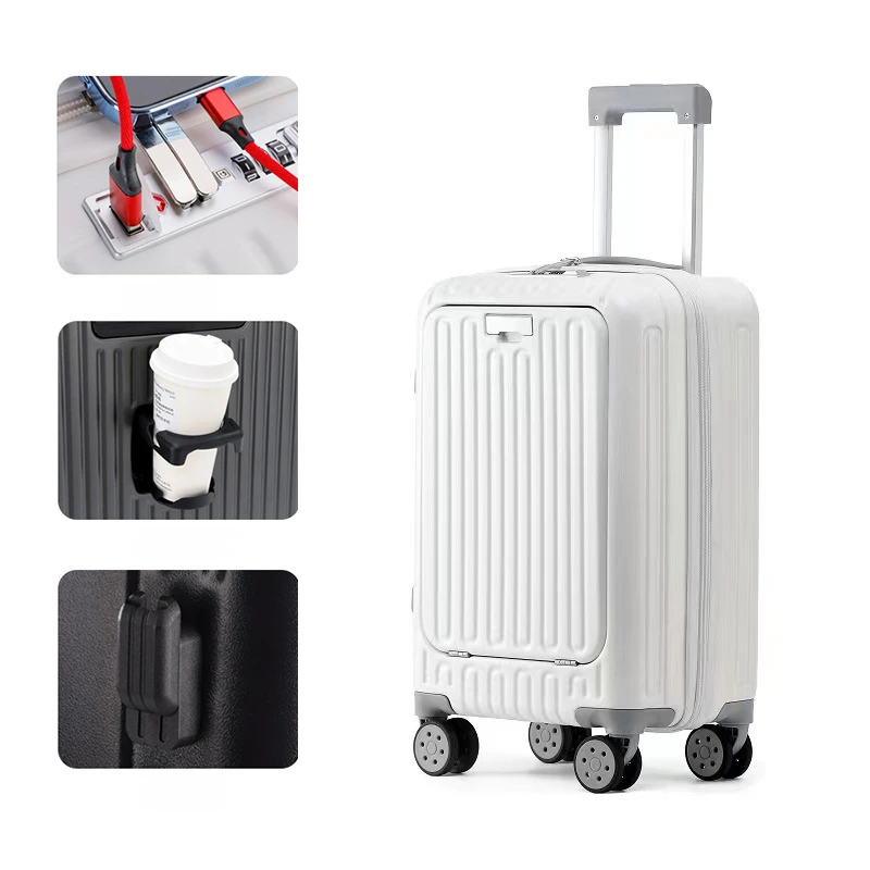 Multifunction Travel Suitcase on Wheels Zipper Closure Matte Scratch-Resistant Durable Cup Holder & USB Port Organizer Box