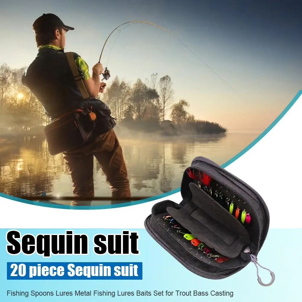 

Practical Fishing Fake Bait Box 20pcs Fishing Lure Sequin Spoon Baits Set with Zipper Storage Bag Fishing Tackle Tools
