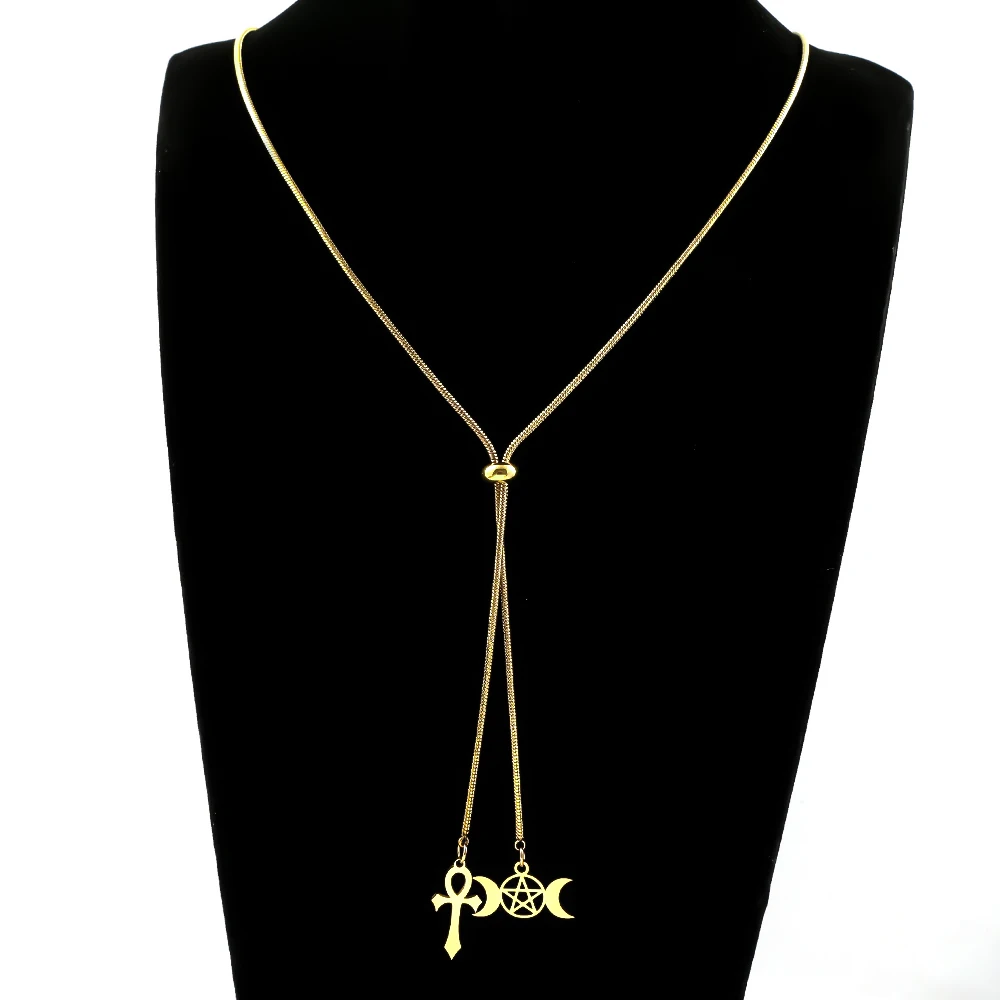Egypt Ankh Cross Witch Triple Moon Pentagram Pendant Necklace Stainless Steel Gold Color Adjustble Amulet Lariat Chain Jewelry