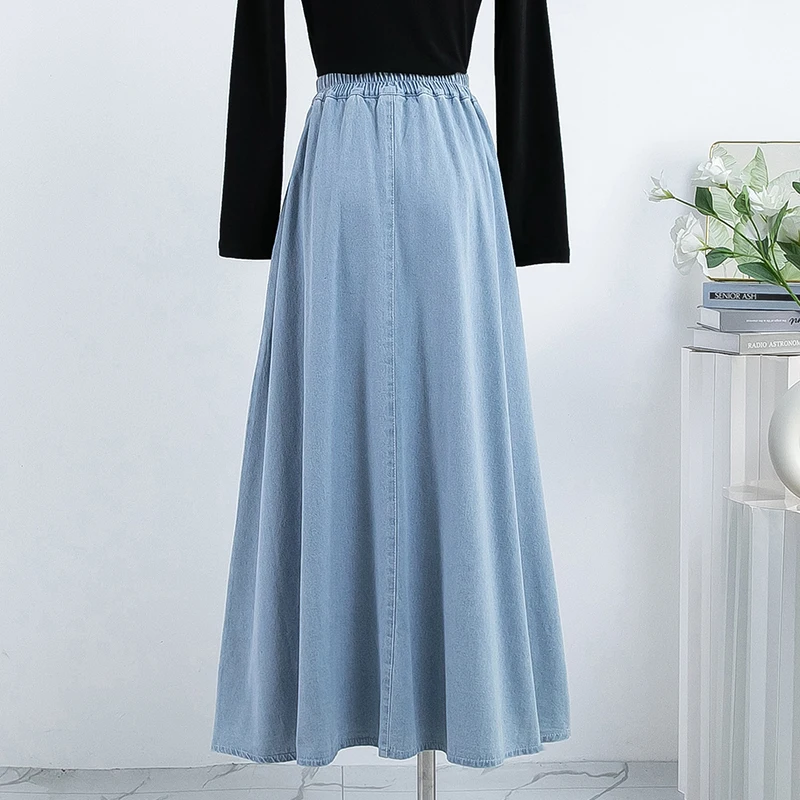 Spring Autumn Cotton Denim Skirt Women Casual Loose Elastic High Waist A-line Long Skirt