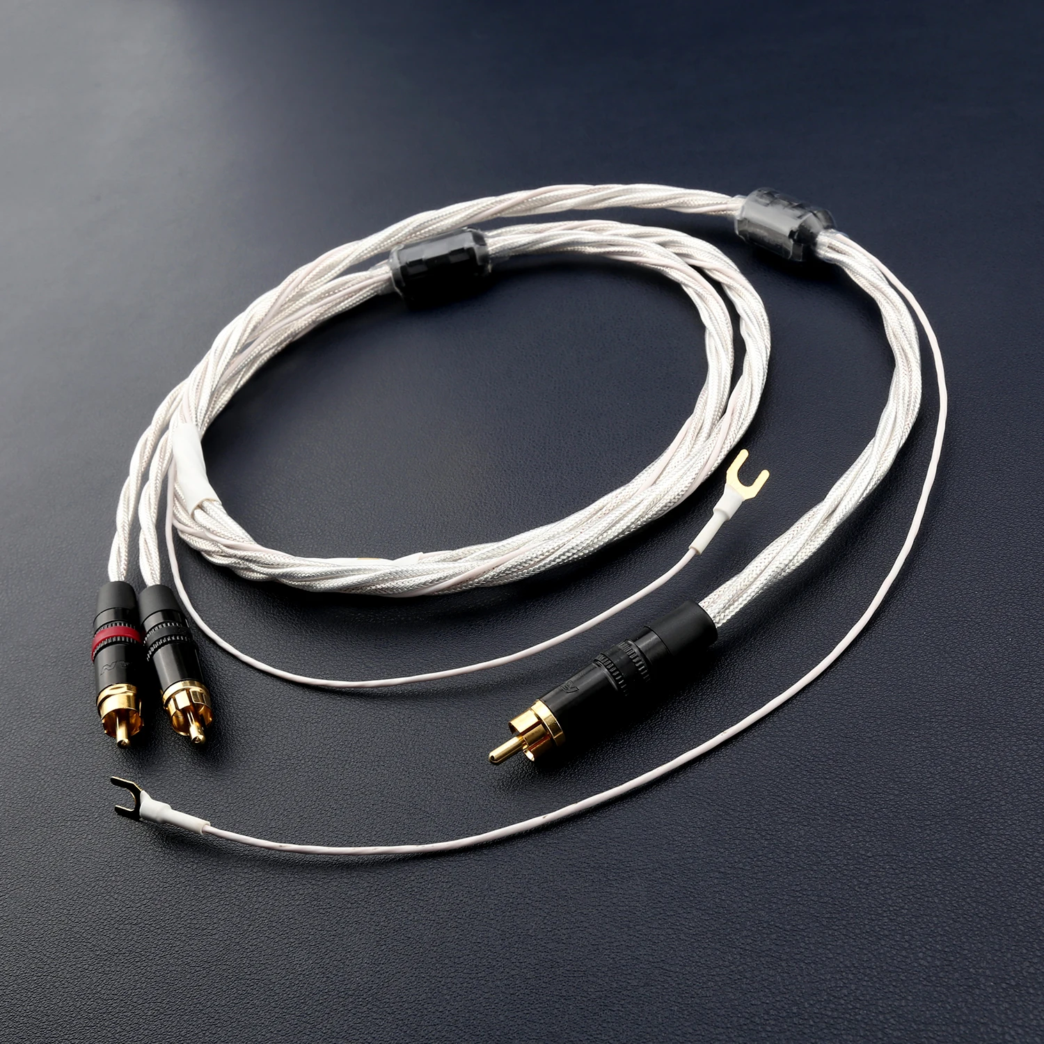Audiocrast Silver Plated OFC Phono Cable 2 RCA Male to Male with Dual Ground Gold Spade HiFi Shielded for Turntable Amplifier
