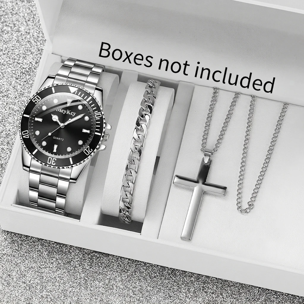 3PCS Fashion Men Business Necklace Bracelet Set Stainless Steel Band Analog Quartz Wristwatches Relogio Masculino（Without Box）