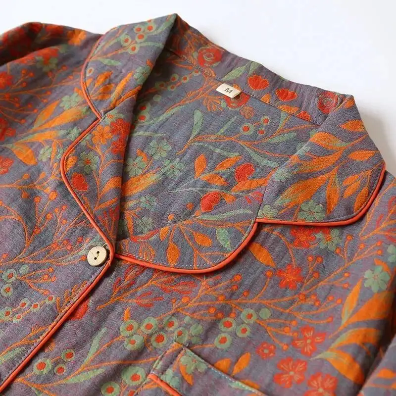 

Newest Retro Style Cotton Yarn-Dyed Leaf Printed Long-Sleeved Long Trousers Cardigan Women's Home Wear Two-Piece Pyjama Set