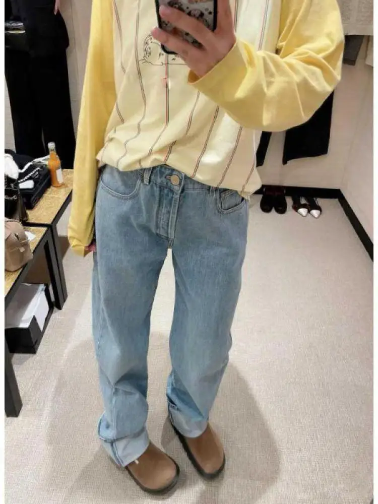 Denim All-match Slimming Loose Jeans 2026 Summer New Buckle Pocket Embroidered Straight Wide Leg Pants For Women