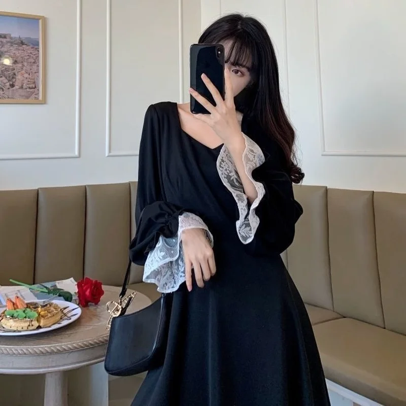 Long Sleeve Dress Women Elegant Ins Black All-match Fashion Spring M-4XL Square Collar Vintage Bandage Hepburn Patchwork Design