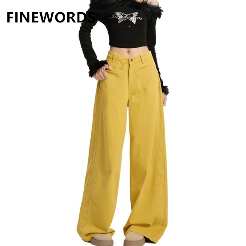 

FINEWORDS Women's High Waisted Mustard Yellow Jeans Women Baggy Wide Leg Denim Pants Casual Y2K Streetwear Trousers
