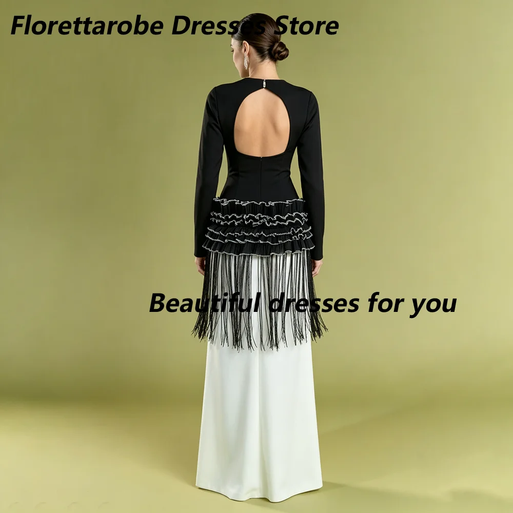 Customized Black White Two Tone Evening Dresses Long Sleeve Keyhole Cutout Ruffle Fringe Overlay Sheath Floor Length Party Gown