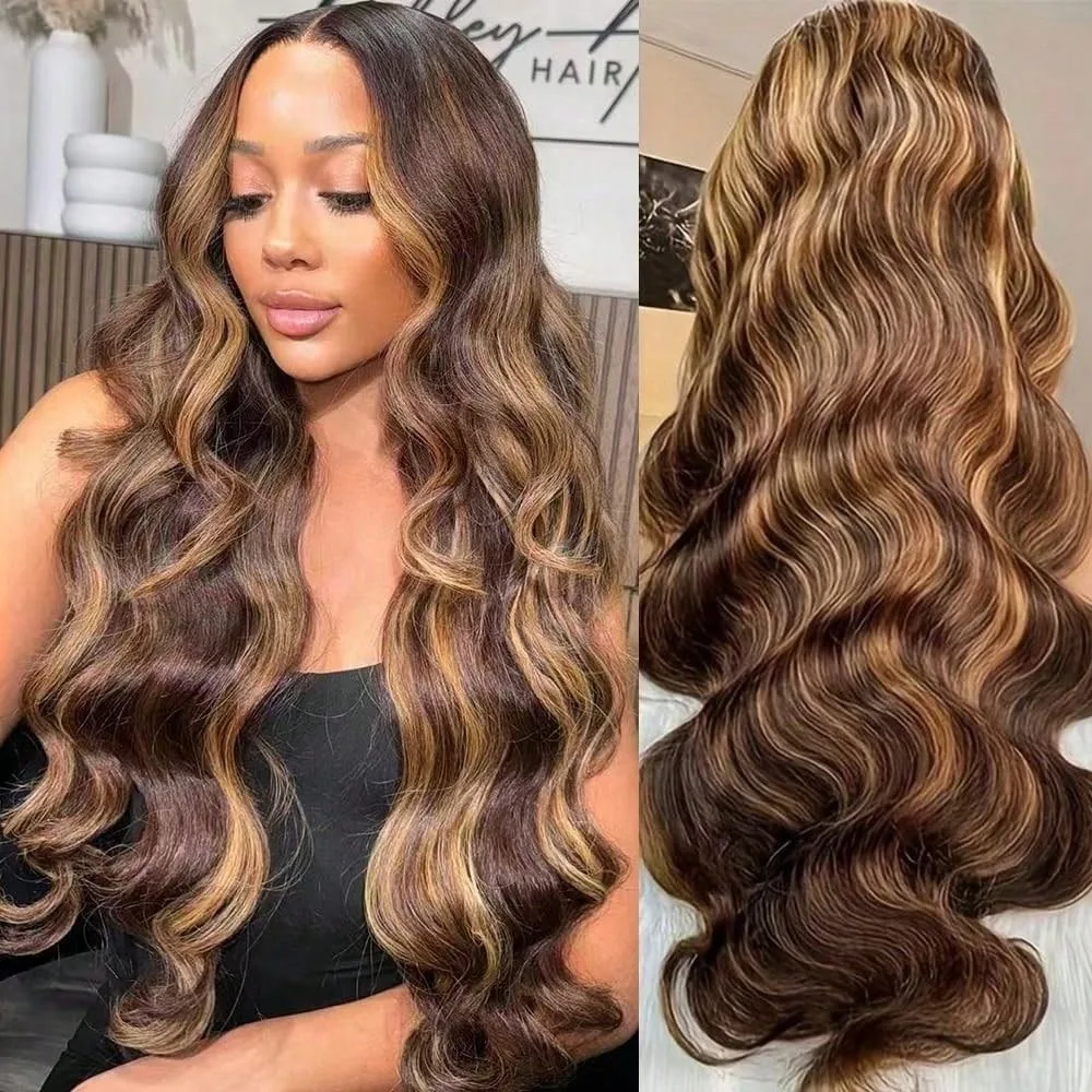 

250% Density Highlight Ombre Blonde Body Wave Lace Front Wig Human Hair Pre Plucked With Baby Hair 13x4 HD Lace Front Wigs Human Hair 4/27 Colored Glueless Body Wave Highlight Wig Human Hair