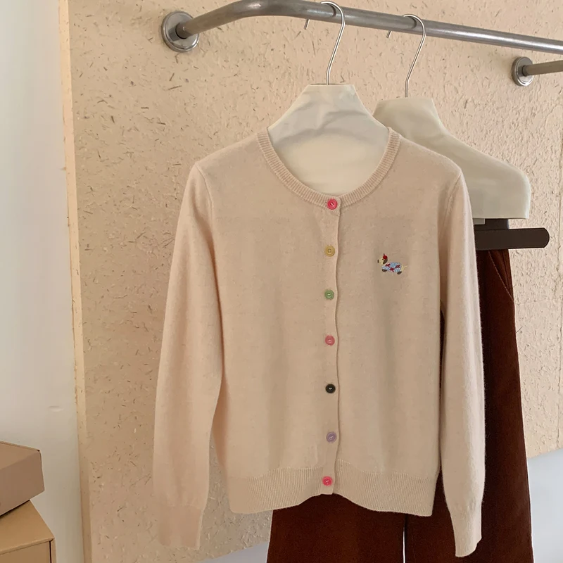 Women's 100% Wool Knitted Cardigan with Colorful Buttons