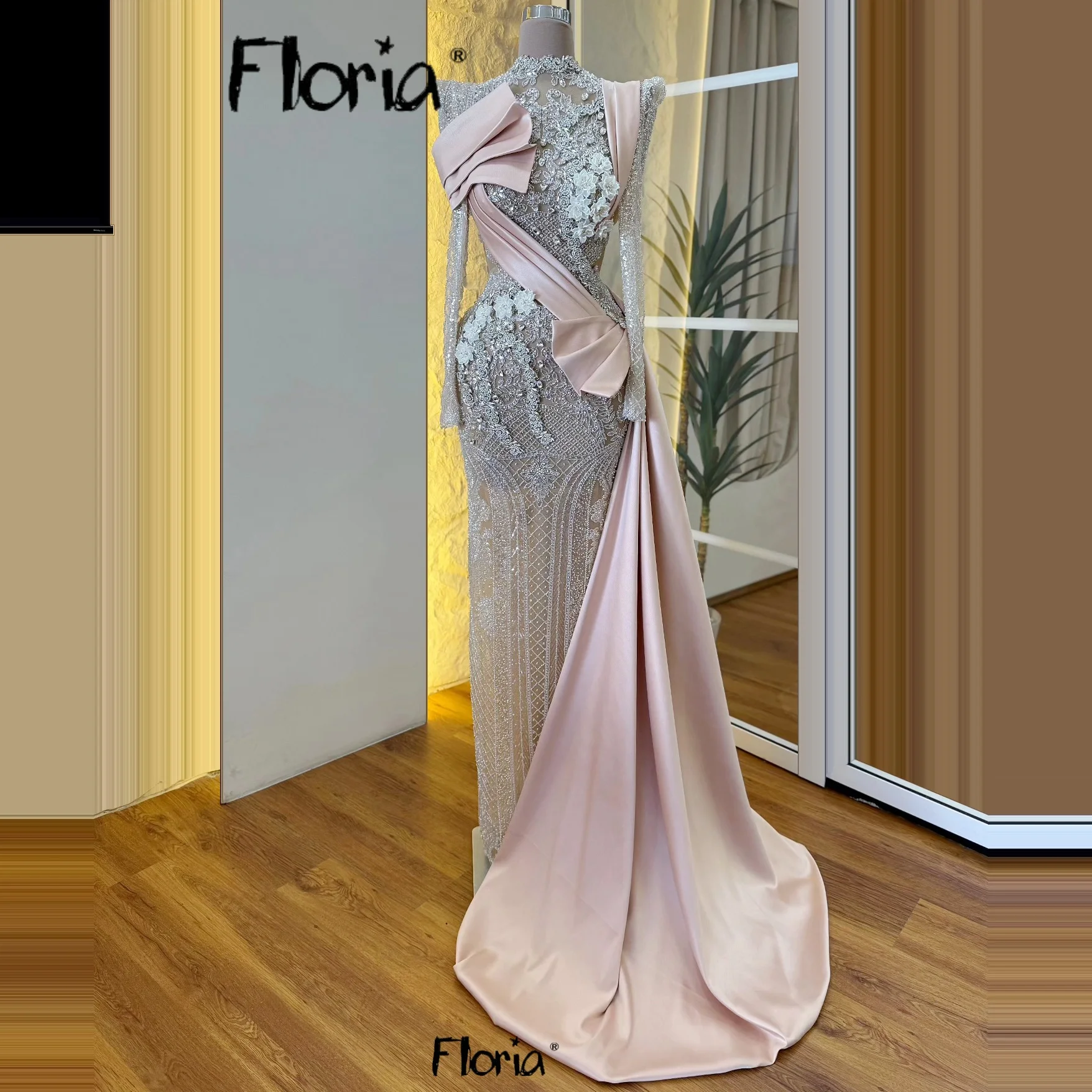 

Muslim Pink Mermaid Evening Dresses With Side Train Beaded Appliques Lace Prom Dress Black Girls Formal Party Gown Customized