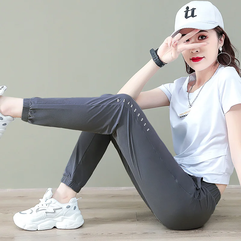 Ice Silk Women's Summer Thin Long Pants High Waist Slimming Loose Trousers Qui Dry Sports Casual Pants Harlan Sle