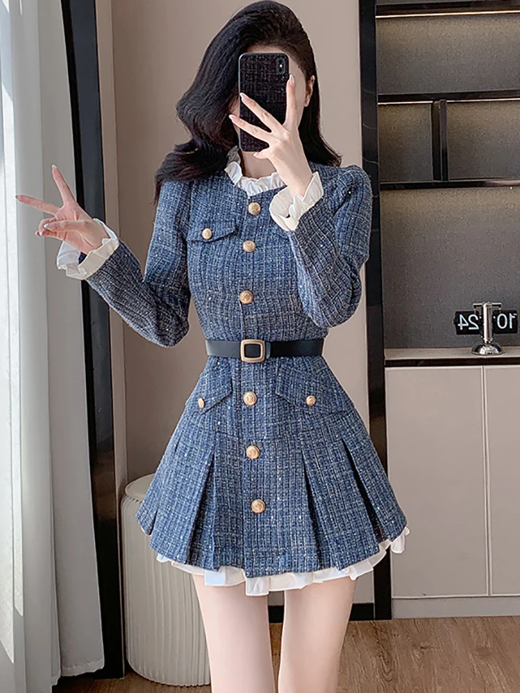 Women Blue Plaid Chic Bandage Bodycon Short Dress Autumn Winter Long Ruffled Collar Dress 2024 Korean Vintage Elegant Prom Dress