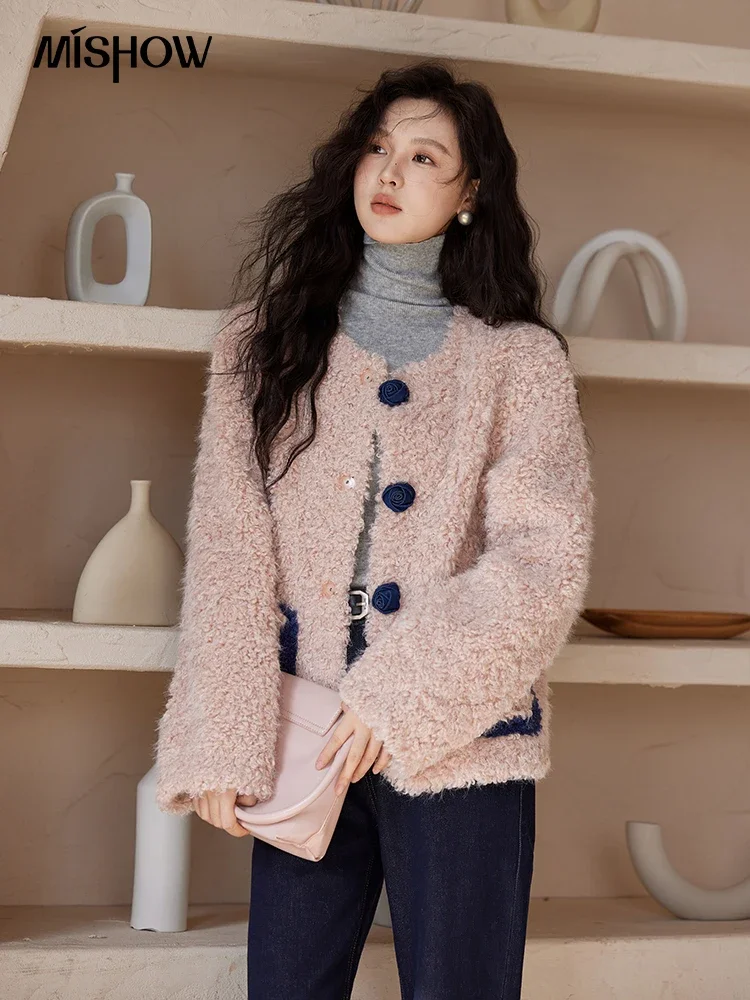 MISHOW Plaid Tweed Short Jacket Women 2024 Winter New Imitation Lamb Wool Fashion Loose Thickend Warm Fur One Tops MXD54W0640