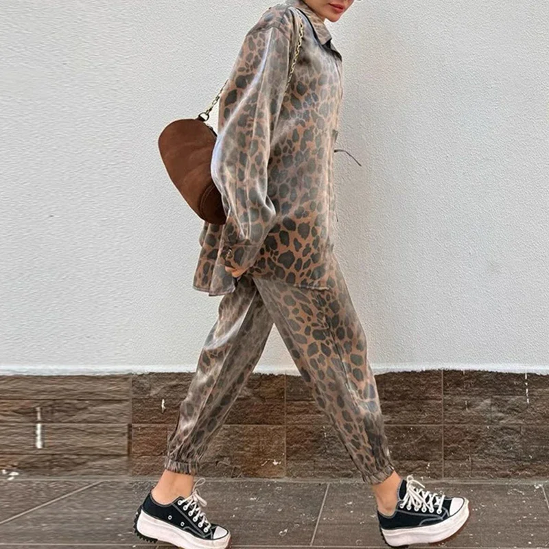 Harajuku Vintage Leopard Print Women Outfits Spring Single Breasted Lapel Shirt and Slim Pants Suit Autumn Long Sleeve Coat Sets