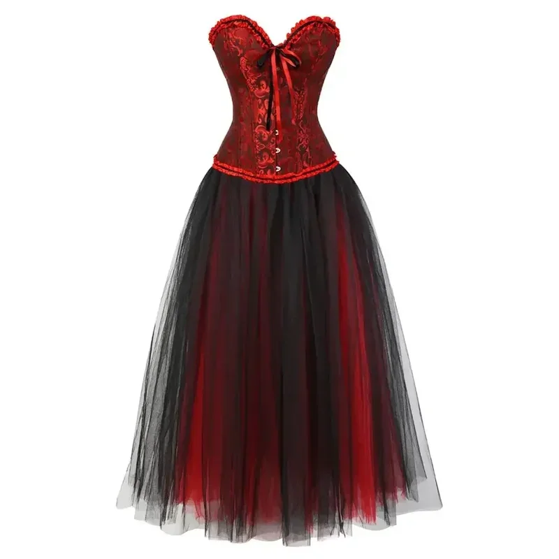 

Gothic Vintage Corset Dress Steampunk Jacquard Bustiers Ribbon Lace with Long Tulle Tutu Dance Party Skirt Corselet Plus Size