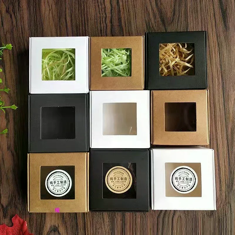 

10 Pcs Square White/Kraft/Black Window Packaging Boxes, Various Sizes, Wedding Party Gifts, Handmade Soap Chocolate Flat Boxes