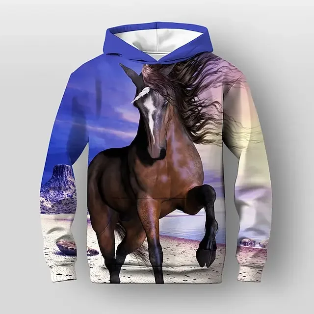 Boys 3D Graphic Animal Horse Hoodie Long Sleeve 3D Print Spring Fall Winter Fashion Streetwear Cool Polyester Kids 3-12 Years