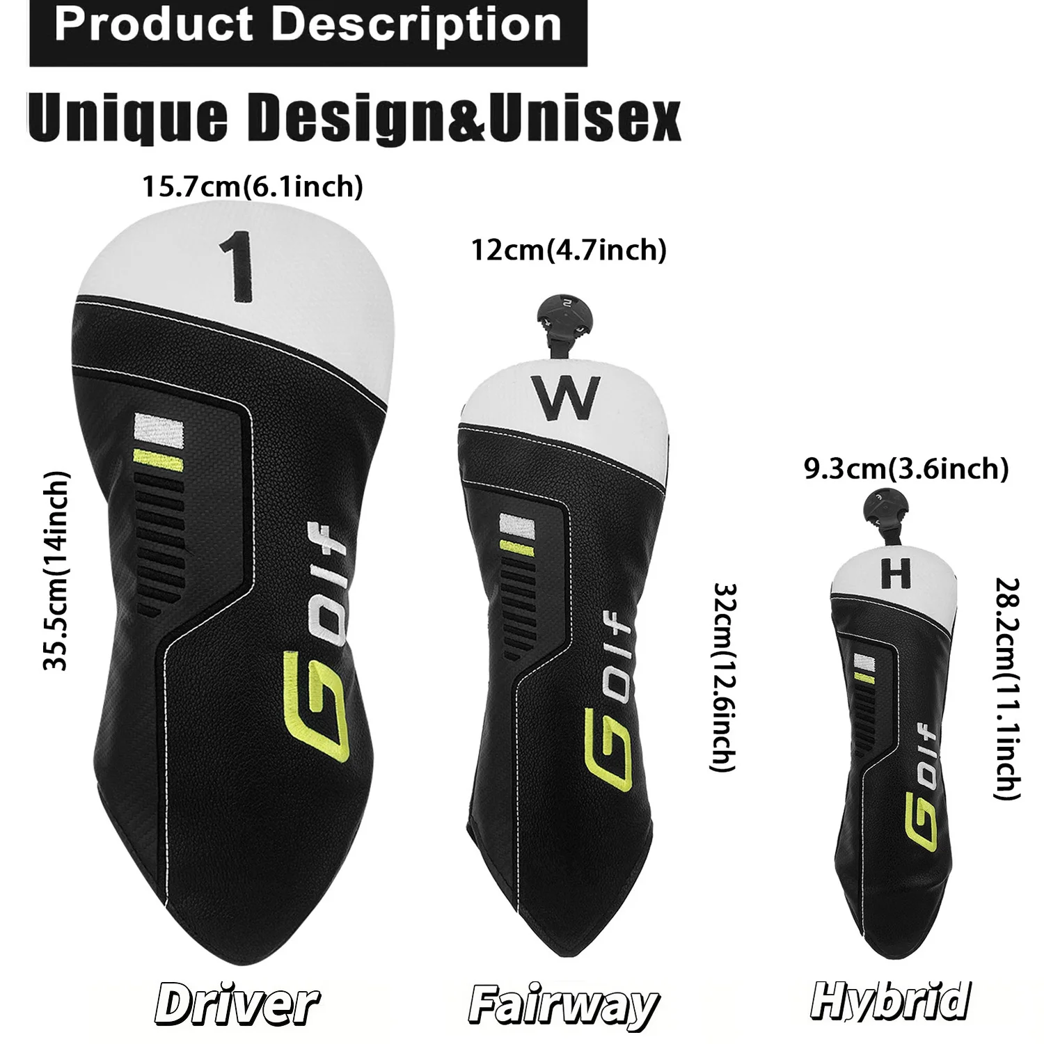 Black PU Leather 1 W H Embroidered Golf Club Head Driver Fairway Wood Hybrid UT Covers Gift For A Golfer