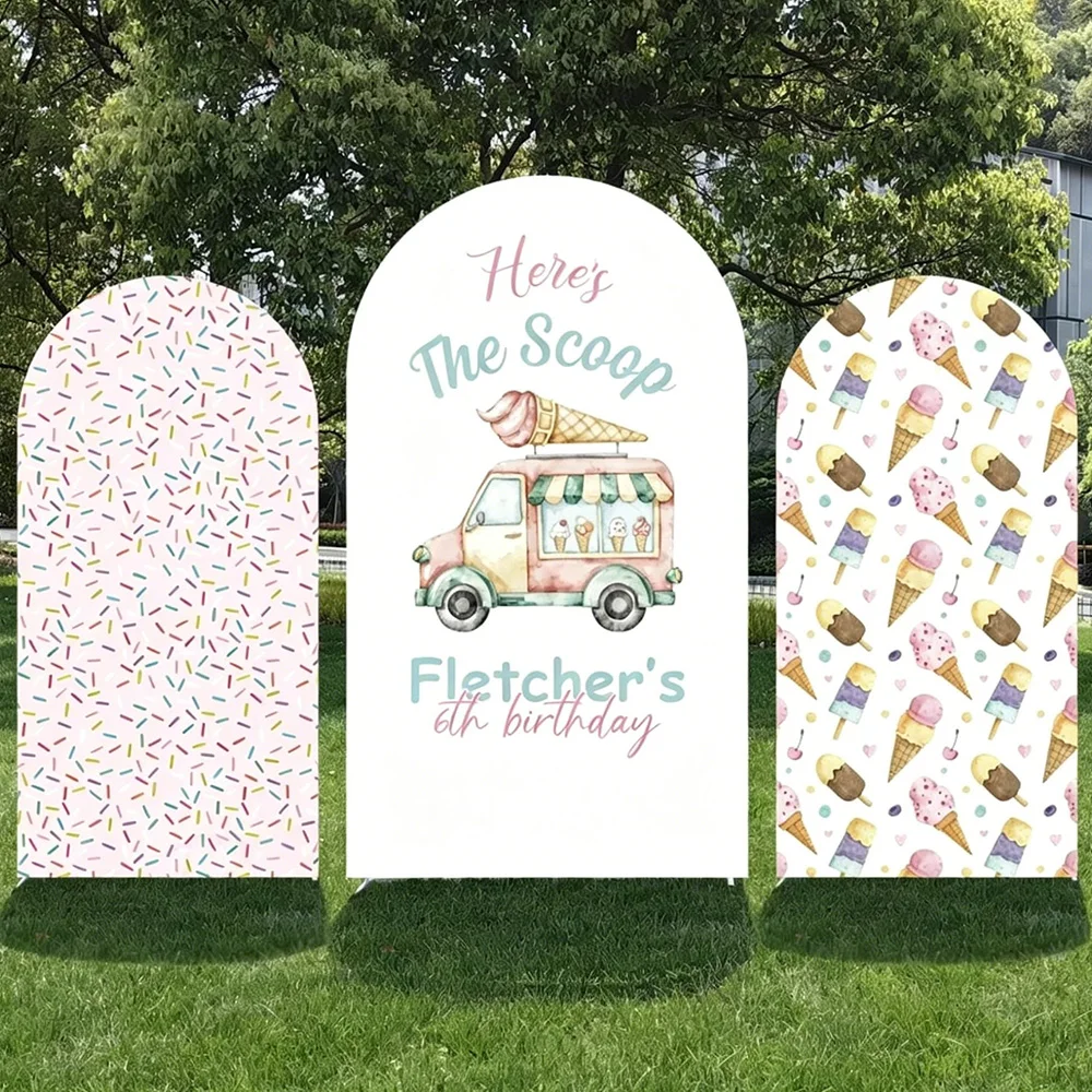 

Custom 2-sided Here's The Scoop Themed Birthday Background Ice Cream Truck Sweet Children Personalized Party Arch Backdrop Cover