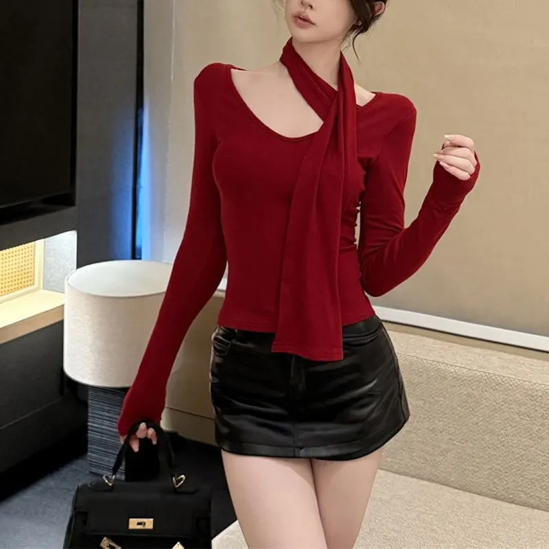 الملابس النسائية خمر الشريط الأحمر البلوفرات المألوف ضمادة الخريف جديد هالة الخامس الرقبة Hotsweet سليم بلون الأساسية تي شيرت #3