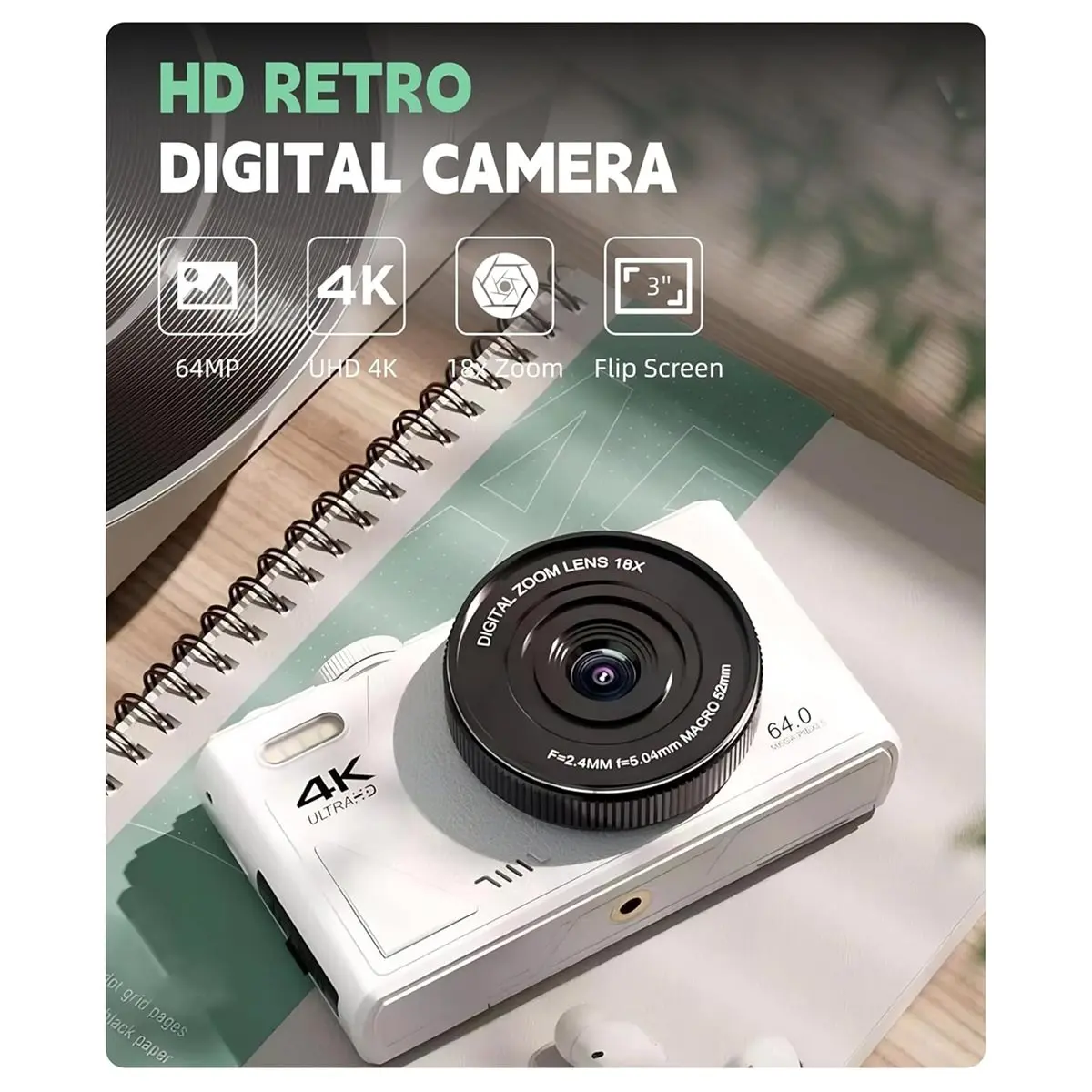 [T28C] 4K Digital Camera, 3 Inch Flip Screen 64MP UHD 18X Zoom Autofocus Retro Compact Camera, Portable Camera White