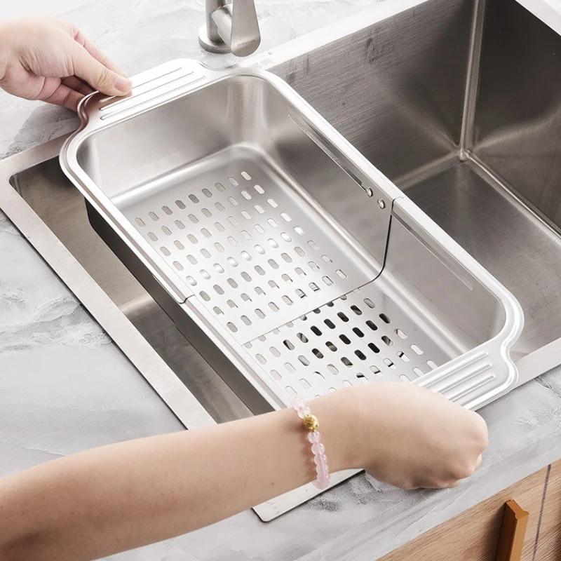 رف حوض من الفولاذ المقاوم للصدأ 304 - تجفيف أطباق قابل للتمديد للأطباق والفواكه والخضروات |   سلة تصريف المطبخ شديدة التحمل