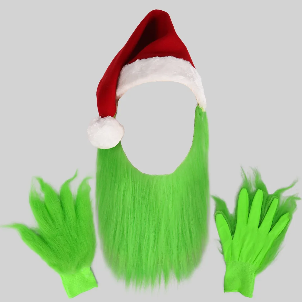 Grüne Bart-Weihnachtsmütze für Herren mit pelzigen Handschuhen für Erwachsene, Weihnachts-Cosplay-Kostümzubehör – Detail 5