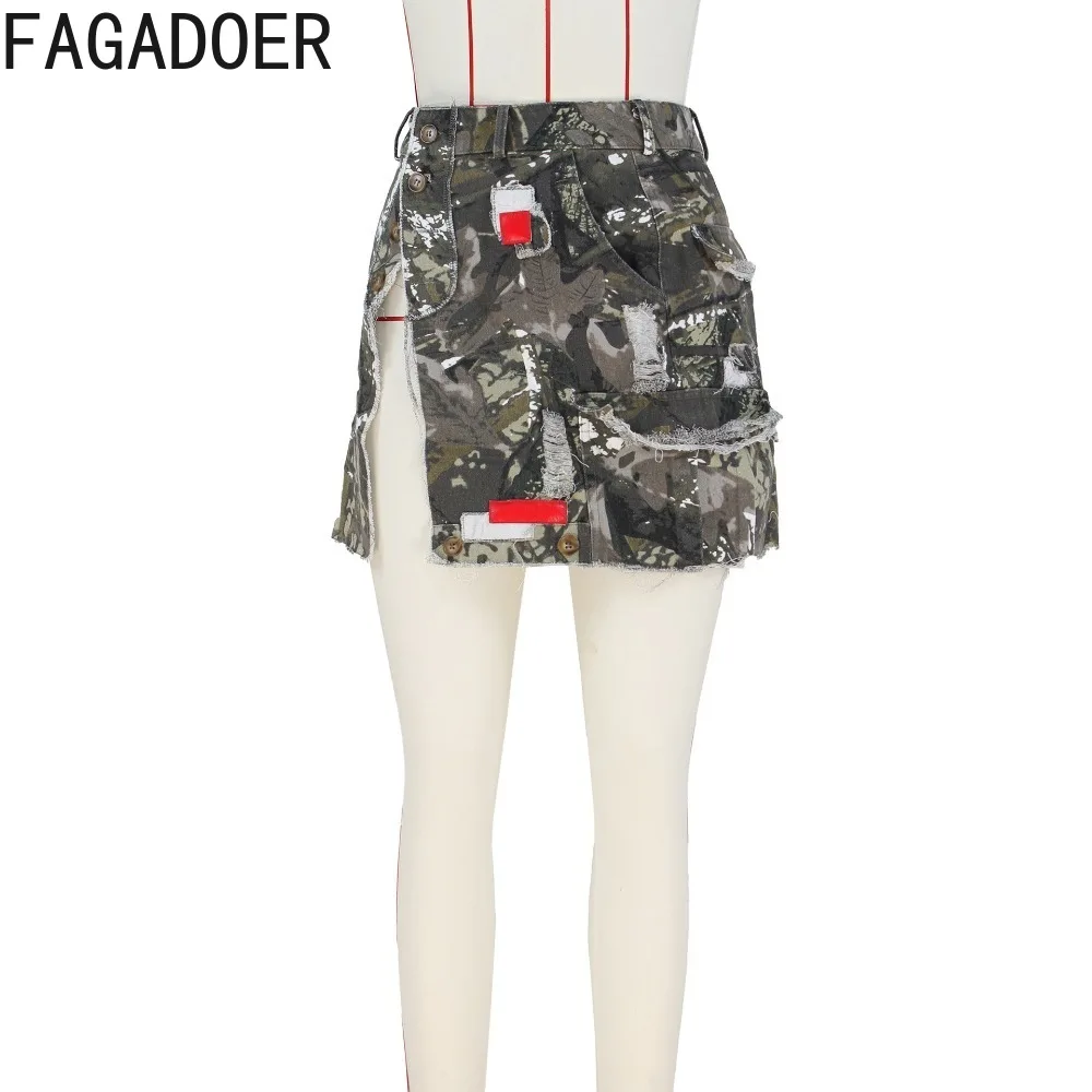 FAGADOER Camouflage Print Sexy Y2k Skirts 2024 Summer High Waist Side Slit Buttons Patchwork Mini Skirts Fashion A Line Faldas
