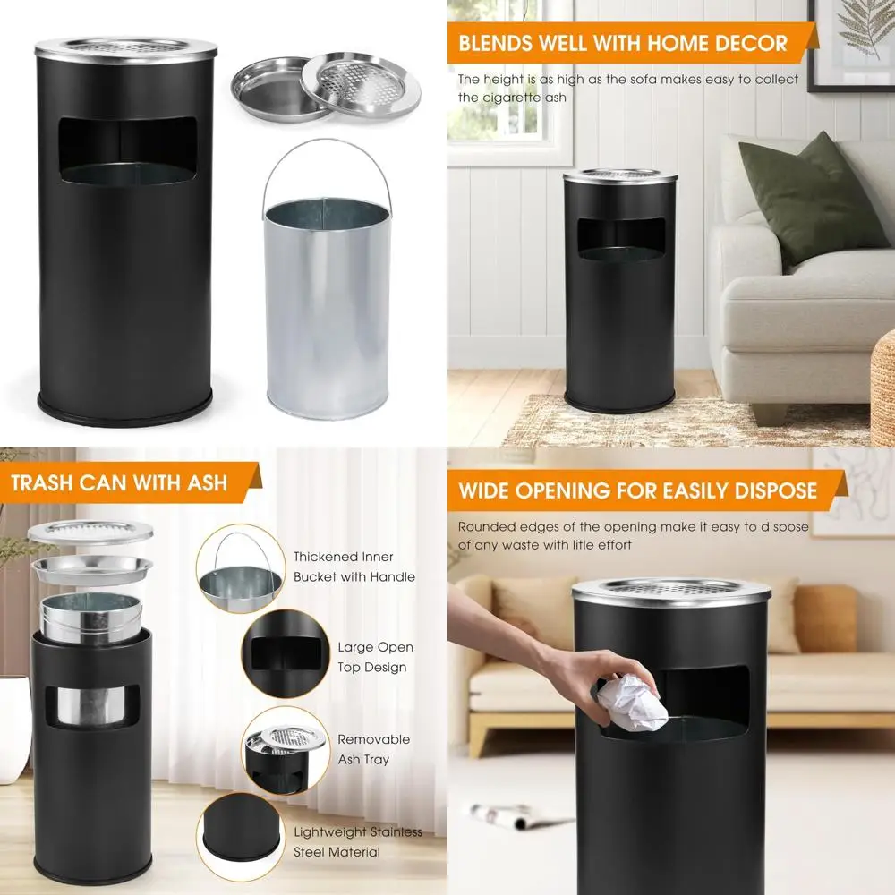 

Commercial Outdoor Stainless Steel Trash Can with Removable Inner Barrel, Black Metal Round Waste Bin for Public Spaces