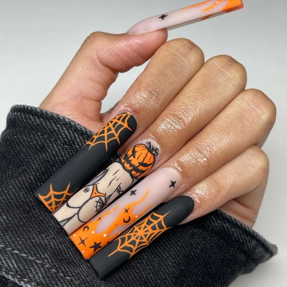 

3D fake nails accessories for Halloween pumpkin spider web designs long french coffin tips faux ongles press on false nail set