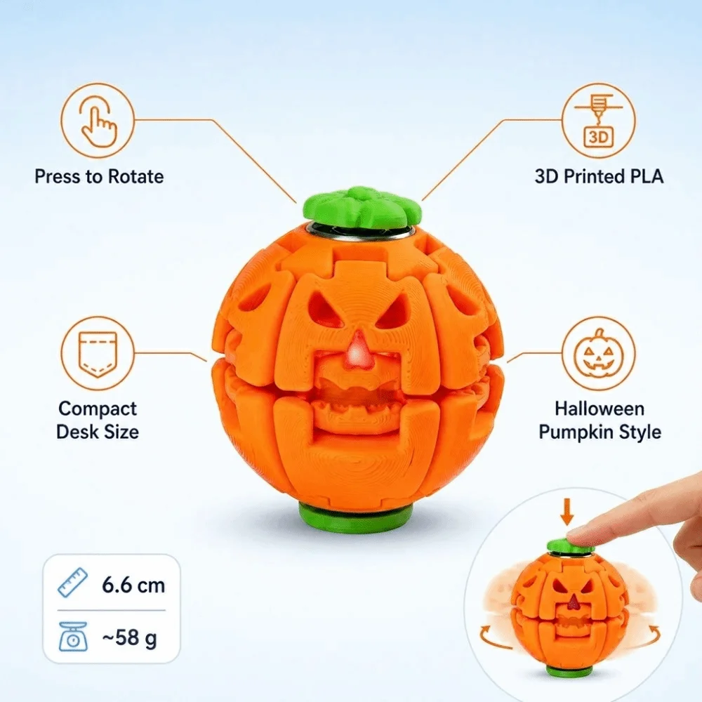 3D Printed PLA Pumpkin Fidget Toy Rotating Structure Press to Rotate Press Spinner Toy Pumpkin Shape Orange Pumpkin Spinner Ball