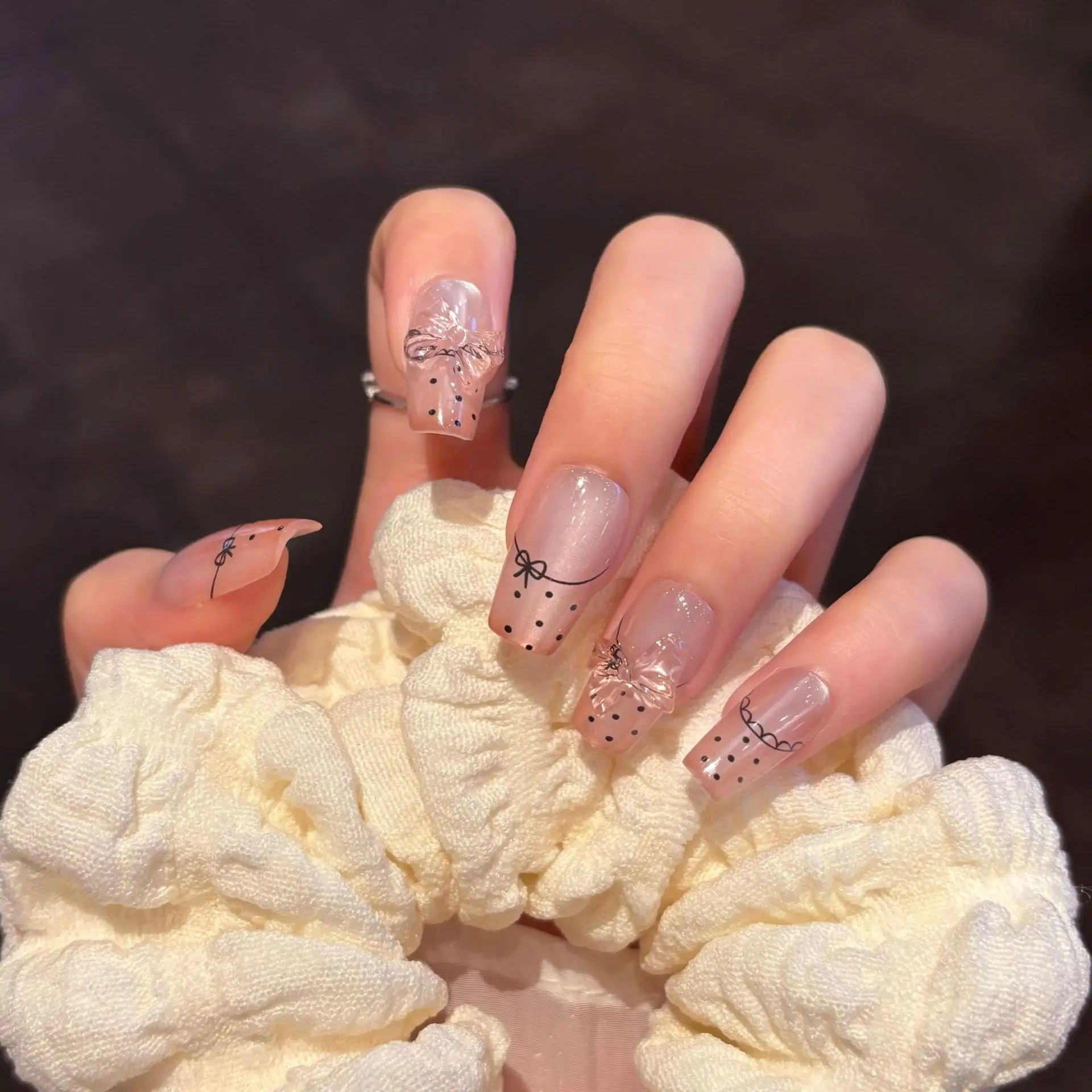 

10PCS European American French Handmade Nails High End Long Solid Color Wearable Nails with Bows Versatile Styles Press on Nails