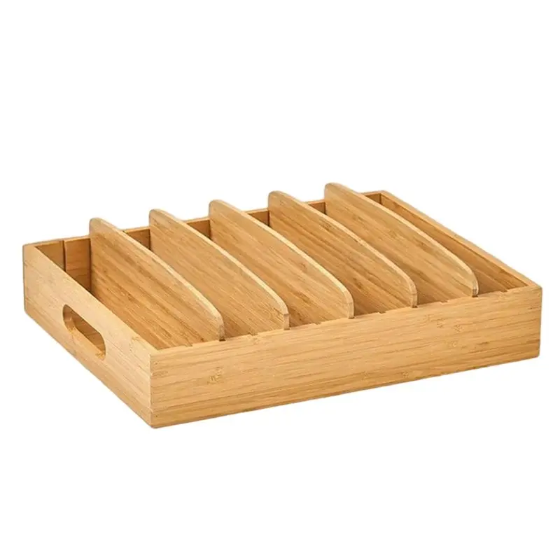 AT63-Kitchen Cabinet Organizer Container Lids, Bamboo Drawer Box With Adjustable Dividers For Kitchen Storage And Organization