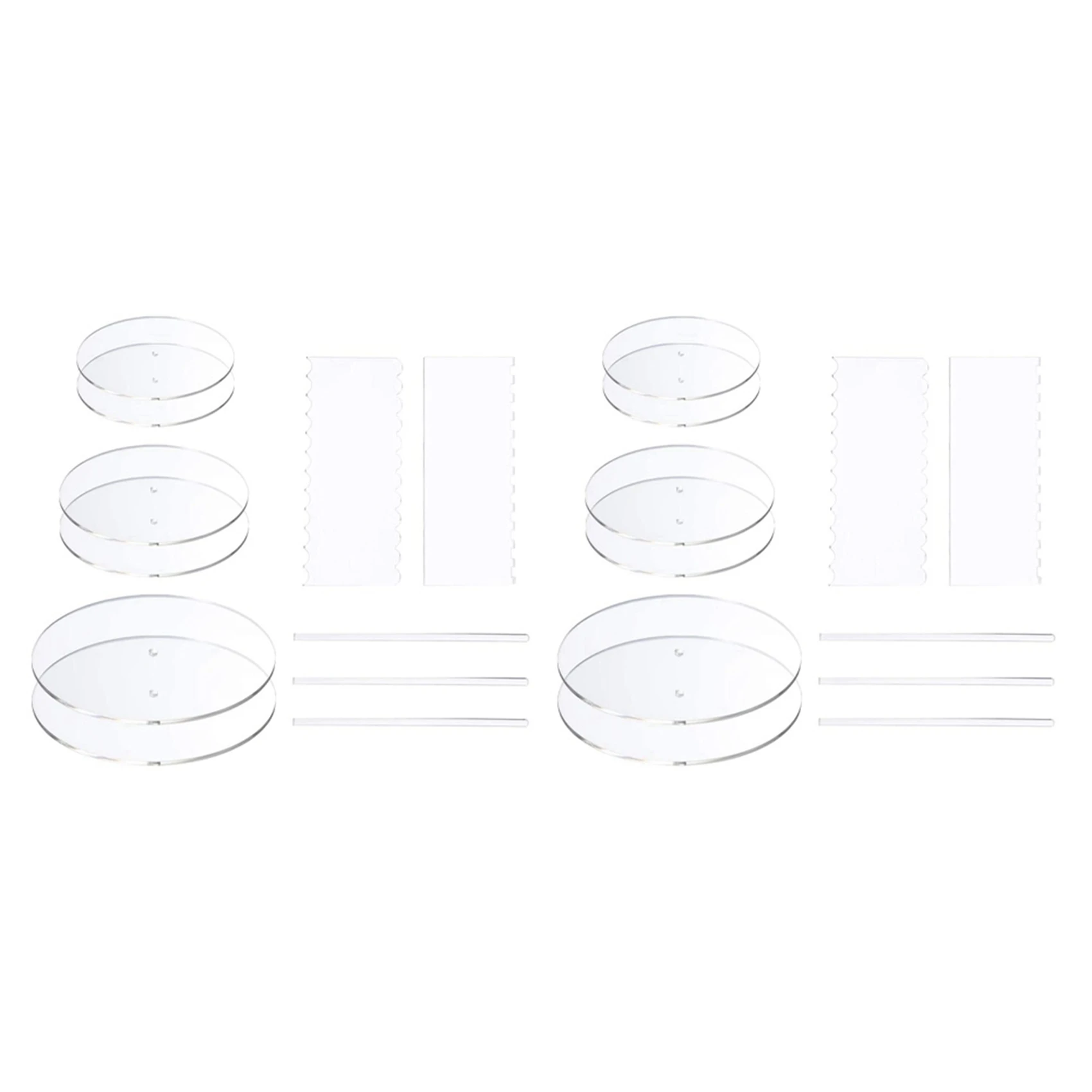 

2 Set Acrylic Round Cake Disk Set - Cake Discs Circle Base Boards With Center Hole - Comb Scrapers (4 Patterns)