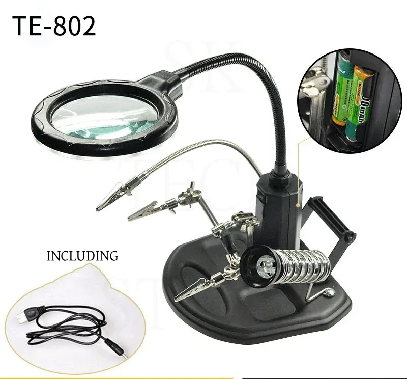 TE-802 Soldering Iron Station Stand With LED Welding Magnifying Glass Clip Clamp Helping Desktop Magnifier Soldering Repair Tool