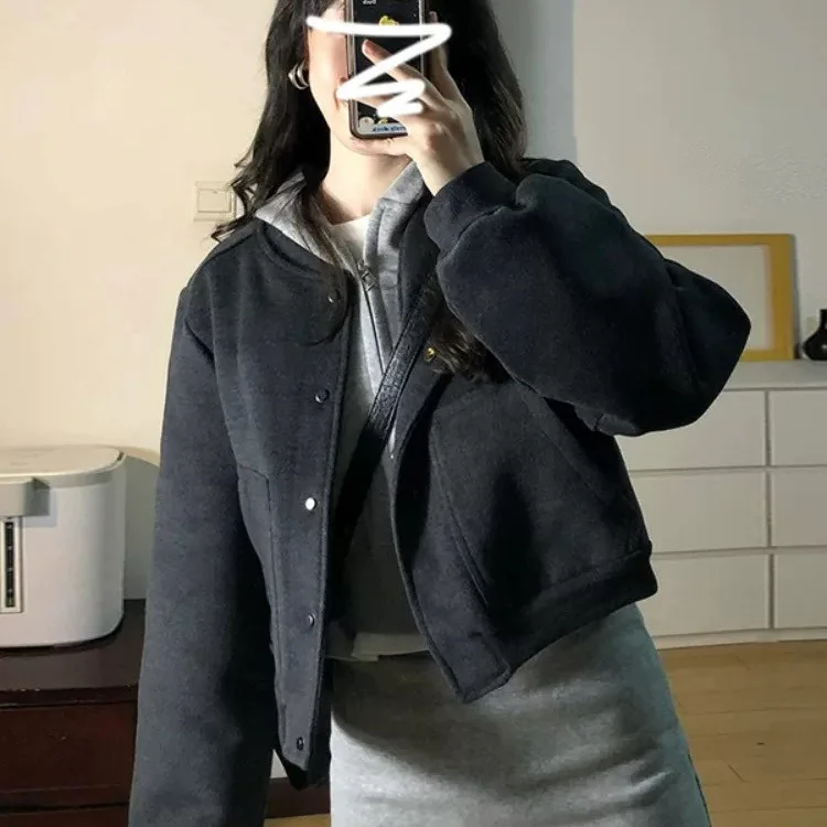 Retro Hong Kong-Style Gray Elegant Women,  Autumn, High-End Loose-Fitting Short Baseball Jacket For Petite Women