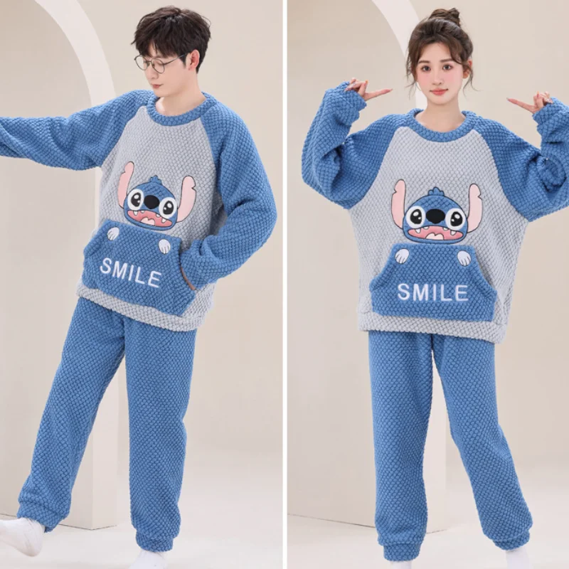 New Disney couple pajamas winter cartoon men\'s/women\'s coral fleece loose round neck Stitch loungewear women\'s pajamas