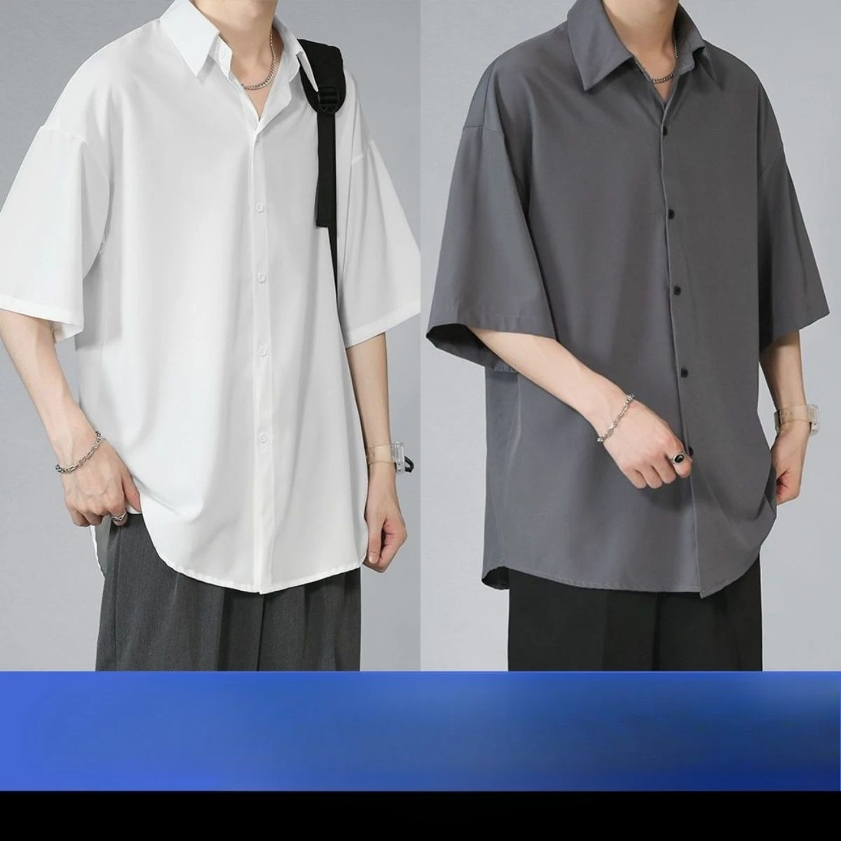 

Мужская рубашка из ледяного шелка с коротким рукавом, повседневная свободная посадка, модная черная рубашка в корейском стиле, летняя повседневная рубашка с тонким рукавом