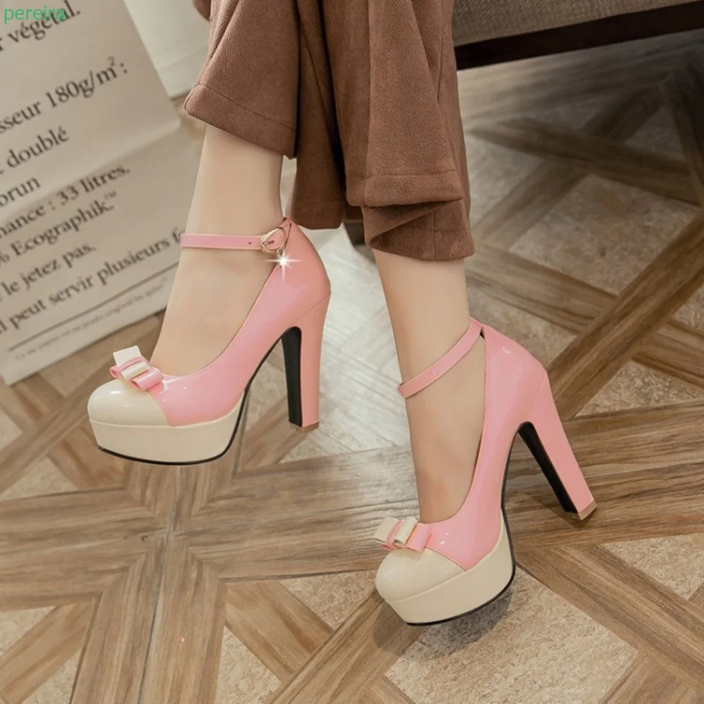 

Fan Bow Platform Pumps Women's Summer Mixed Colors Chunky Heels Round Toe Buckle Good Quality Fashion Sexy Simple Sweet Shoes