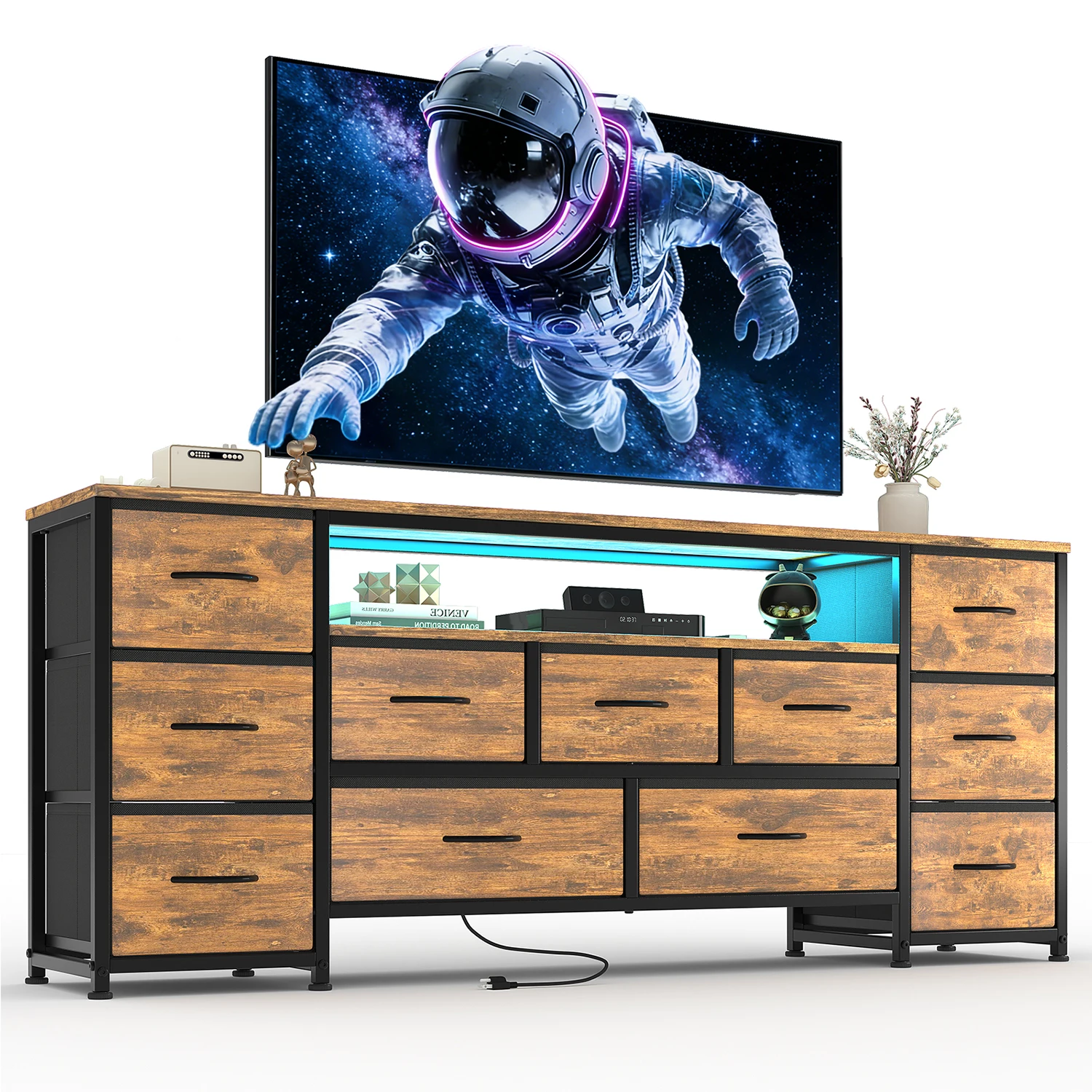 

11 Drawer Dresser,TV Console Table with Power Outlets,LED Lights,Open Shelves,TV Stand for Living Room Entertainment Center