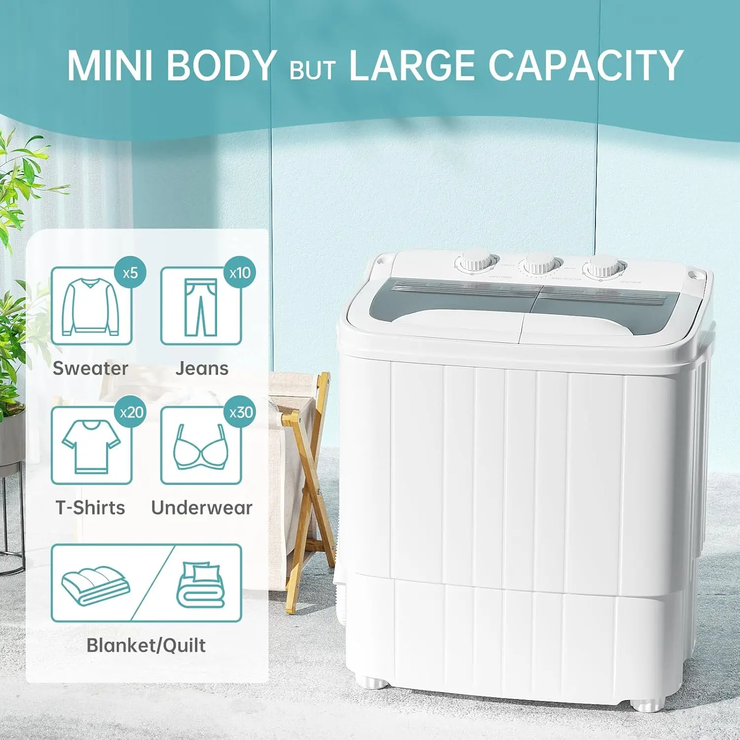 Machine à laver portable avec tuyau plus long, mini lave-linge compact à double cuve