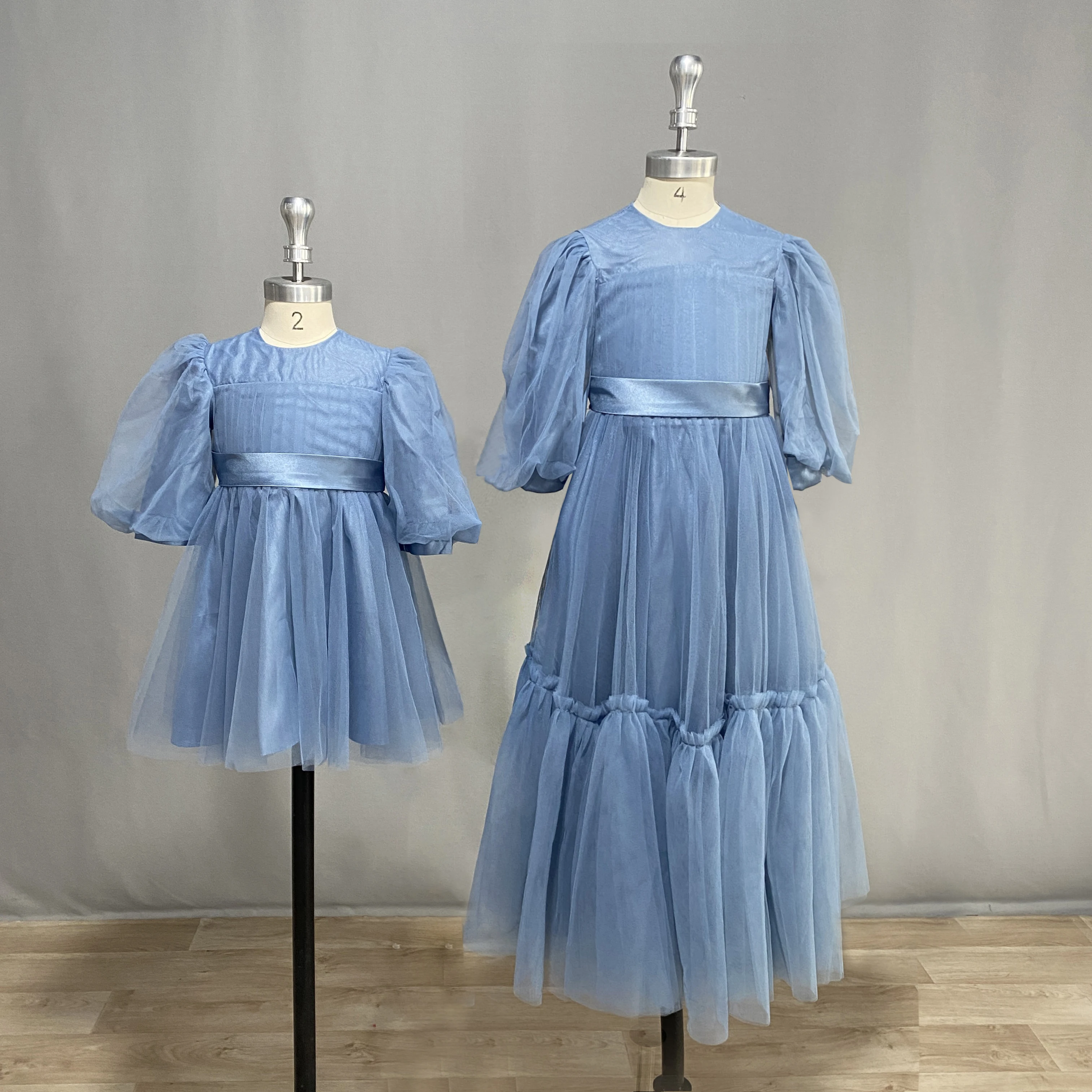 Dideyttawl Customized Tulle Short Puff Sleeves Flower Girl Dress Ruffles Pleated Floor Length Sashes Junior Concert Gown