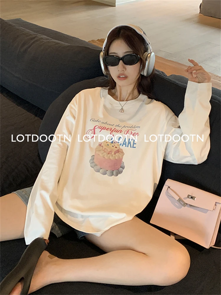 LOTDOOTN Y2K Sweet Tops Long Sleeves Cake Graphic T-Shirts Women 2024 Spring Autumn 100% Cotton Loose Vintage All-match T Shirts