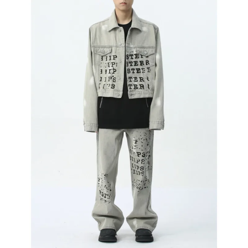 Men's Wear | 2025 Spring New Product Fashion Letter Design Sensory Printed High Street Denim Set