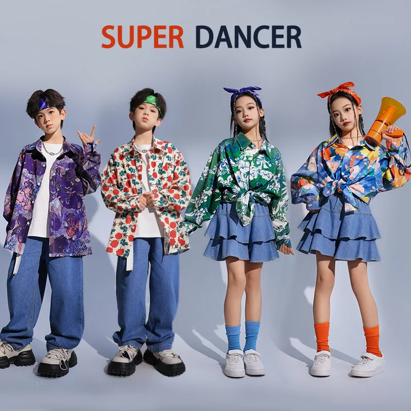 New Hip Hop Dance Costume for Kids Jazz Performance Clothes Girls Kpop Outfit Boy Print Shirt Pants Street Dance Drum Stage Wear