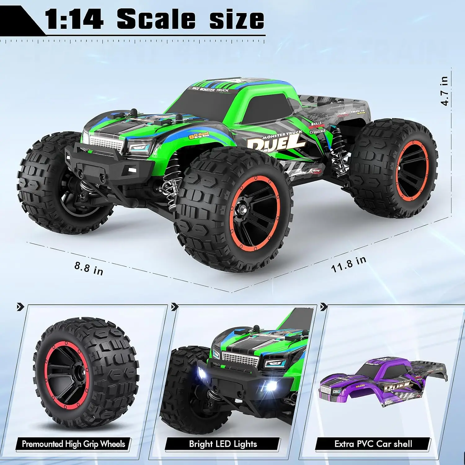 1:14 RC Trucks, High-Speed Remote Control Car for Adults | 39KM/H Fast RC Car. 4WD Hobby Monster Truck +2 Shells & 2 Rechargeabl