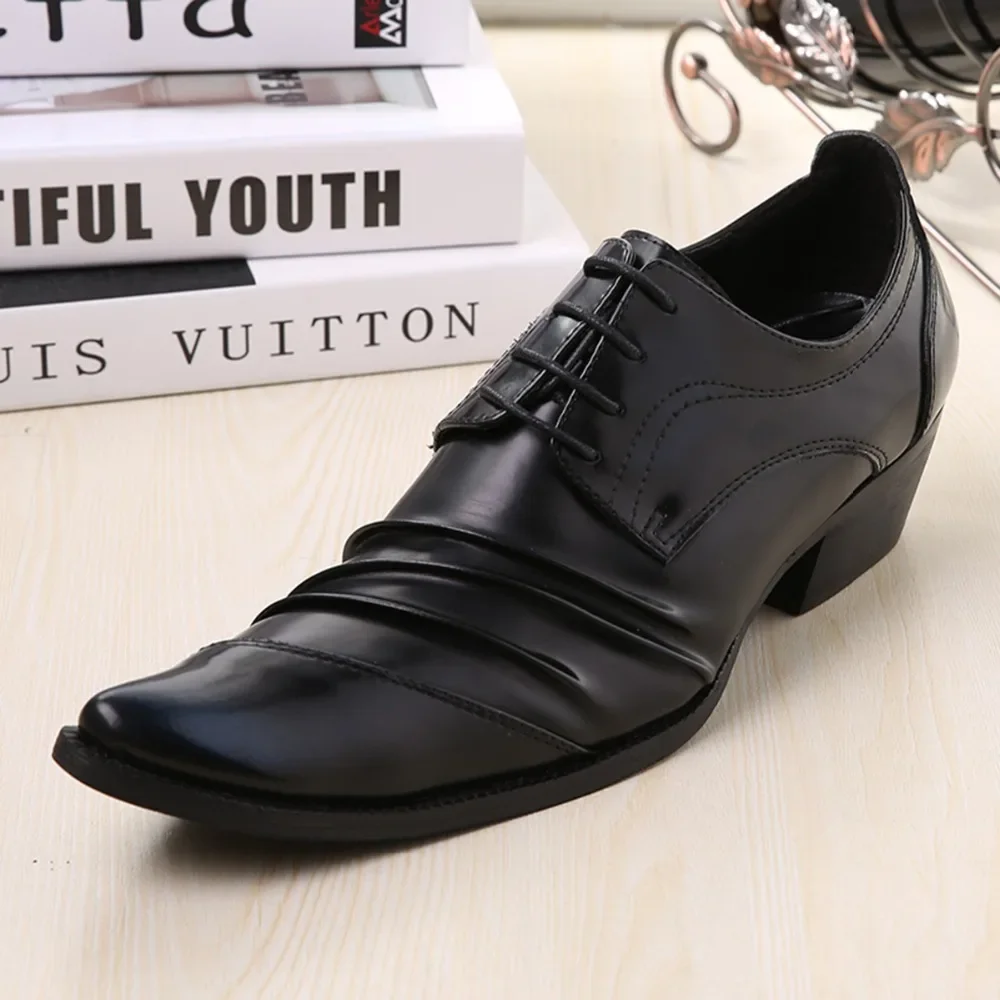 

Western Men Leather Shoes Black Square Toe Height Increased Men's Business & Wedding Leather Shoes, Big Sizes EU38-46!